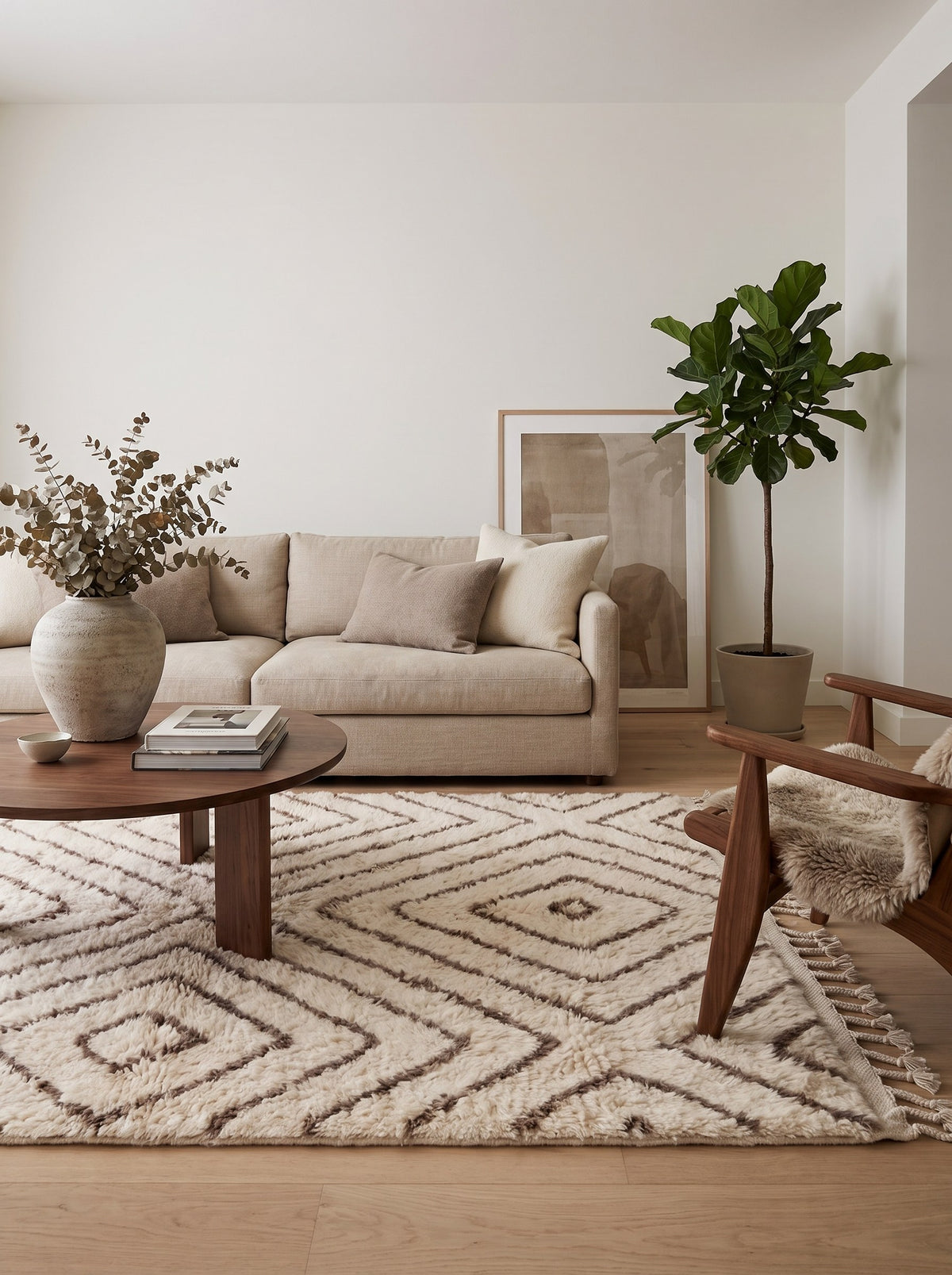 Tapis berbère style Beni Ouarain blanc et taupe Almis dans un autre salon, noué main au Maroc