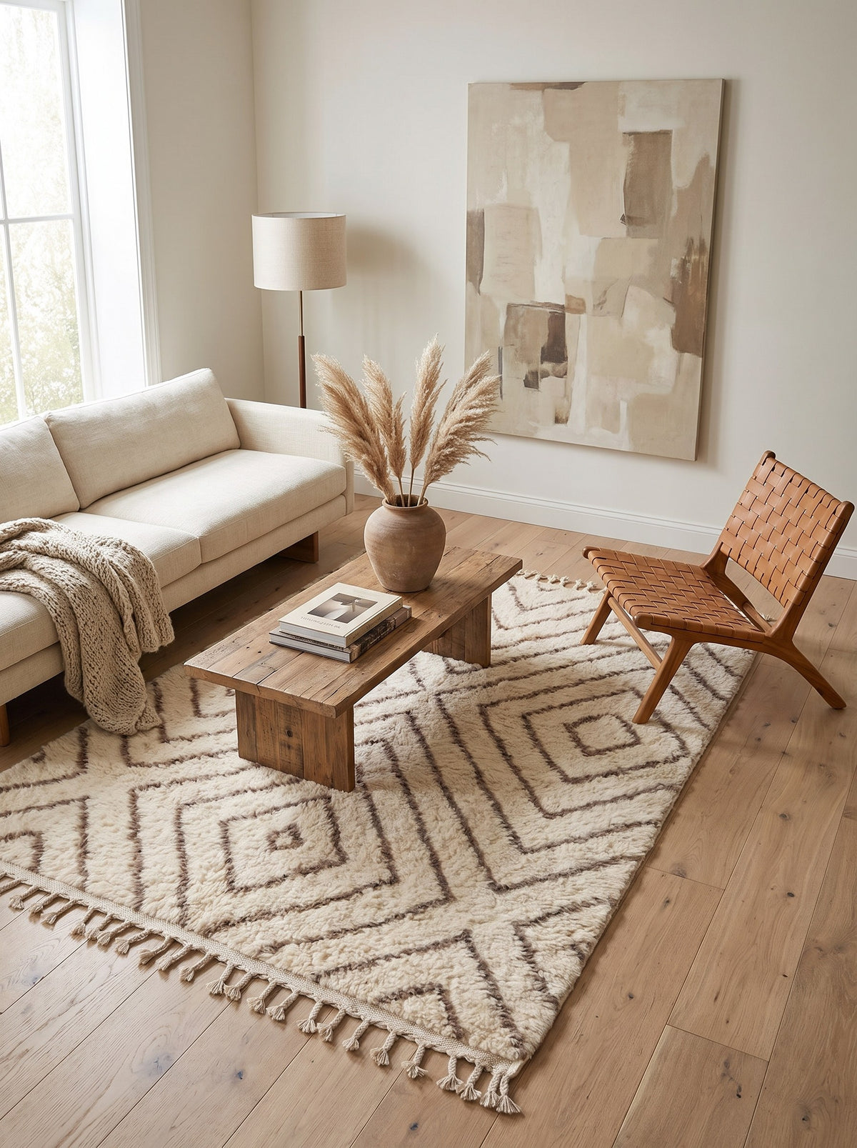 Tapis berbère style Beni Ouarain blanc et taupe Almis dans un salon, noué main au Maroc