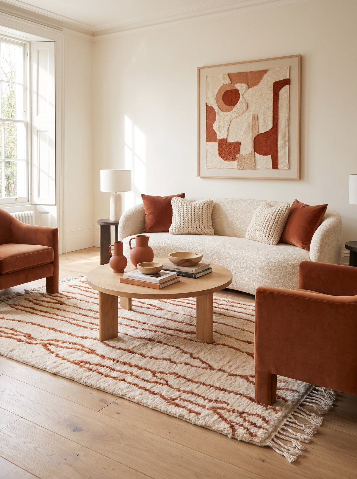 Tapis berbère style Beni Ouarain blanc et terracotta Aghanim dans un salon, noué main au Maroc