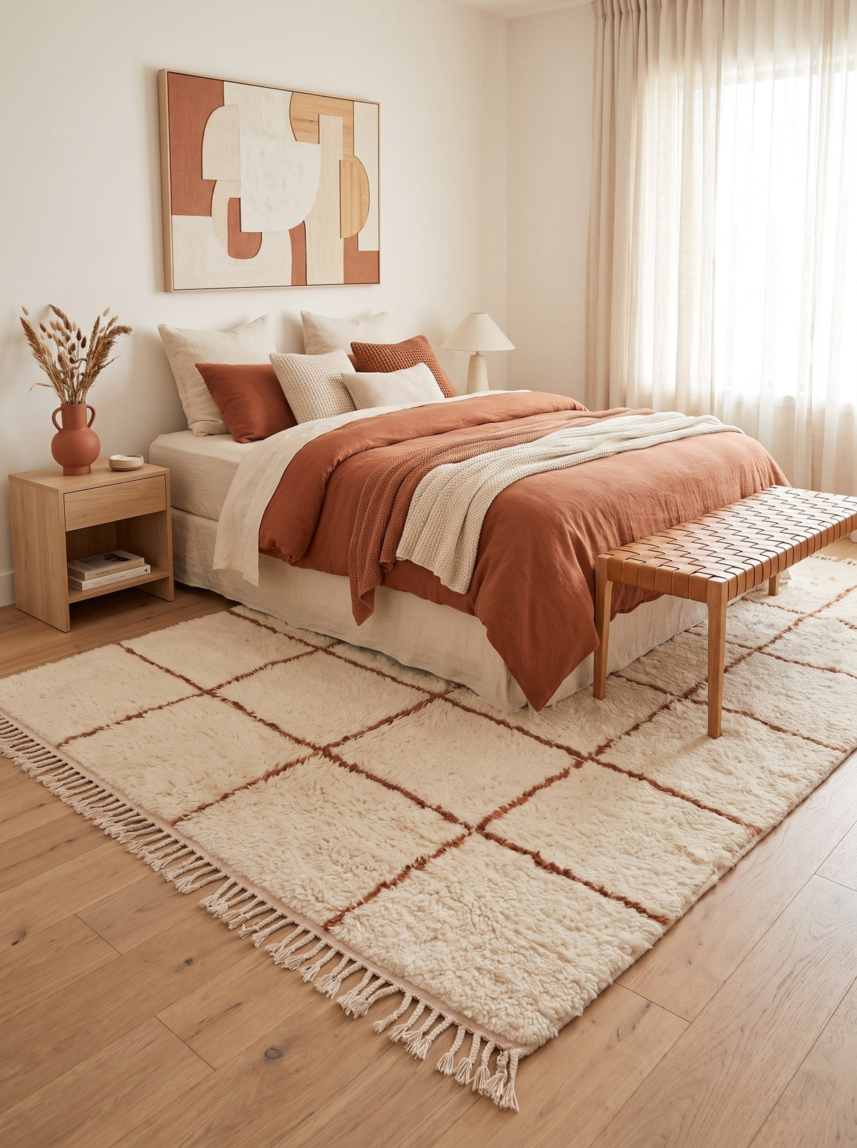 Tapis berbère style Beni Ouarain blanc et terracotta Talat dans une chambre, noué main au Maroc