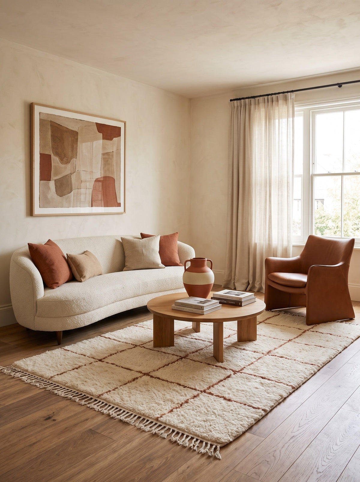 Tapis berbère style Beni Ouarain blanc et terracotta Talat dans un autre salon, noué main au Maroc