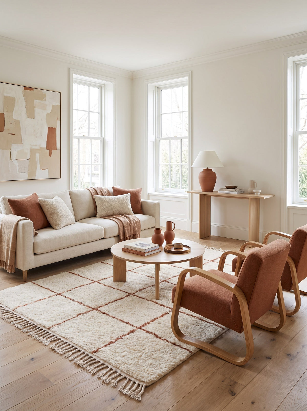 Talat Berber rug, style Beni Ouarain, in white and terracotta, in a living room, hand-knotted in Morocco