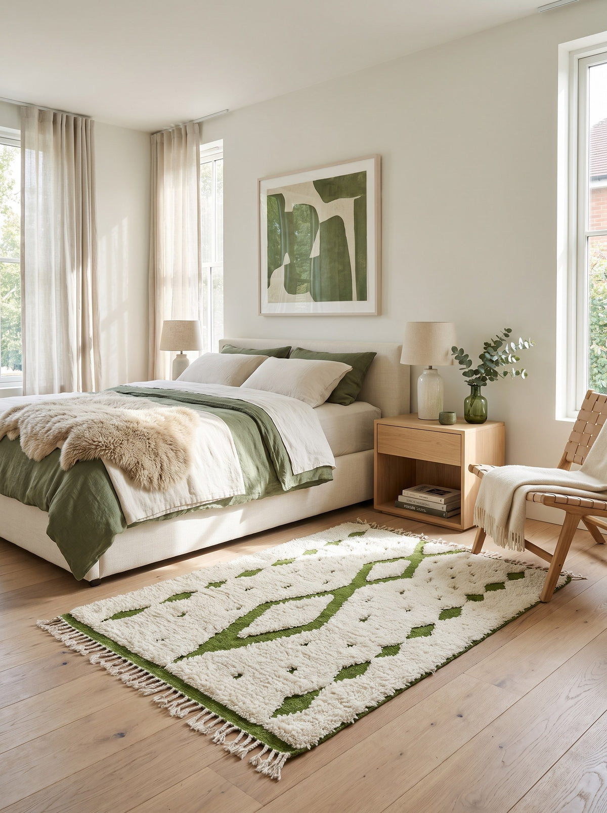 Tapis berbère style Beni Ouarain blanc et vert Tahanaout dans une chambre, noué main au Maroc