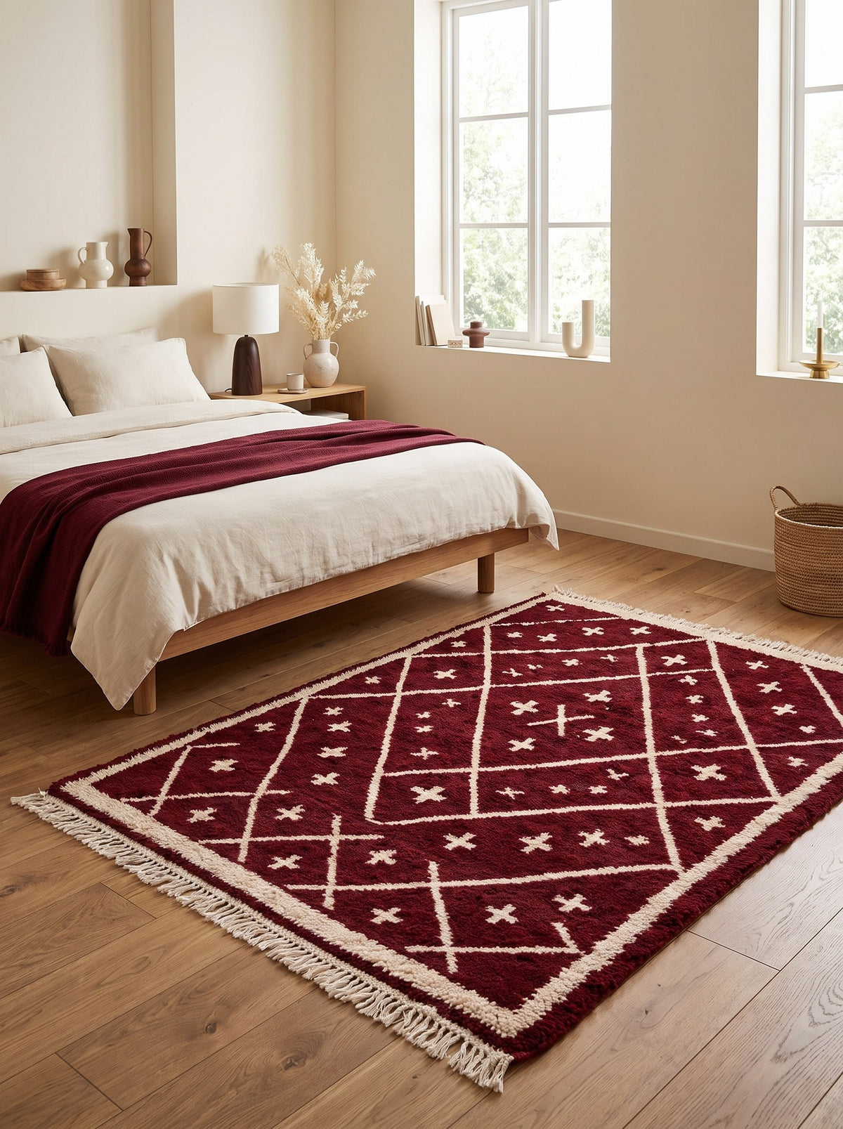 Tapis berbère style Beni Ouarain bordeaux Ammas dans une chambre, noué main au Maroc