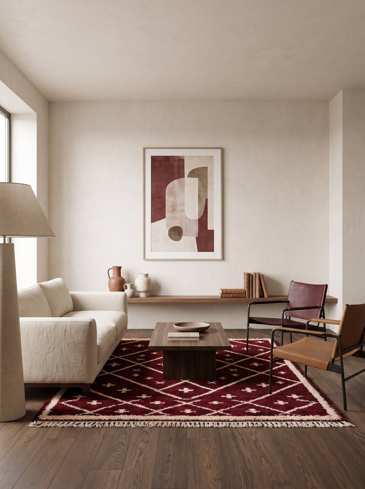 Tapis berbère style Beni Ouarain bordeaux Ammas dans un salon, noué main au Maroc