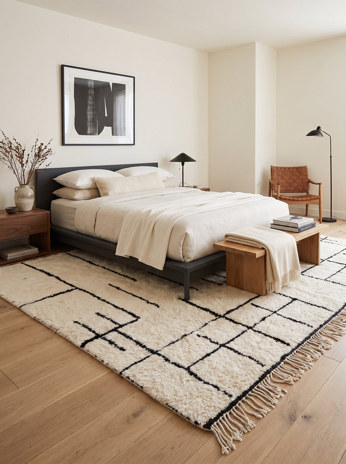 Tapis berbère style Beni Ouarain noir et blanc Ilzoun dans une chambre, noué main au Maroc