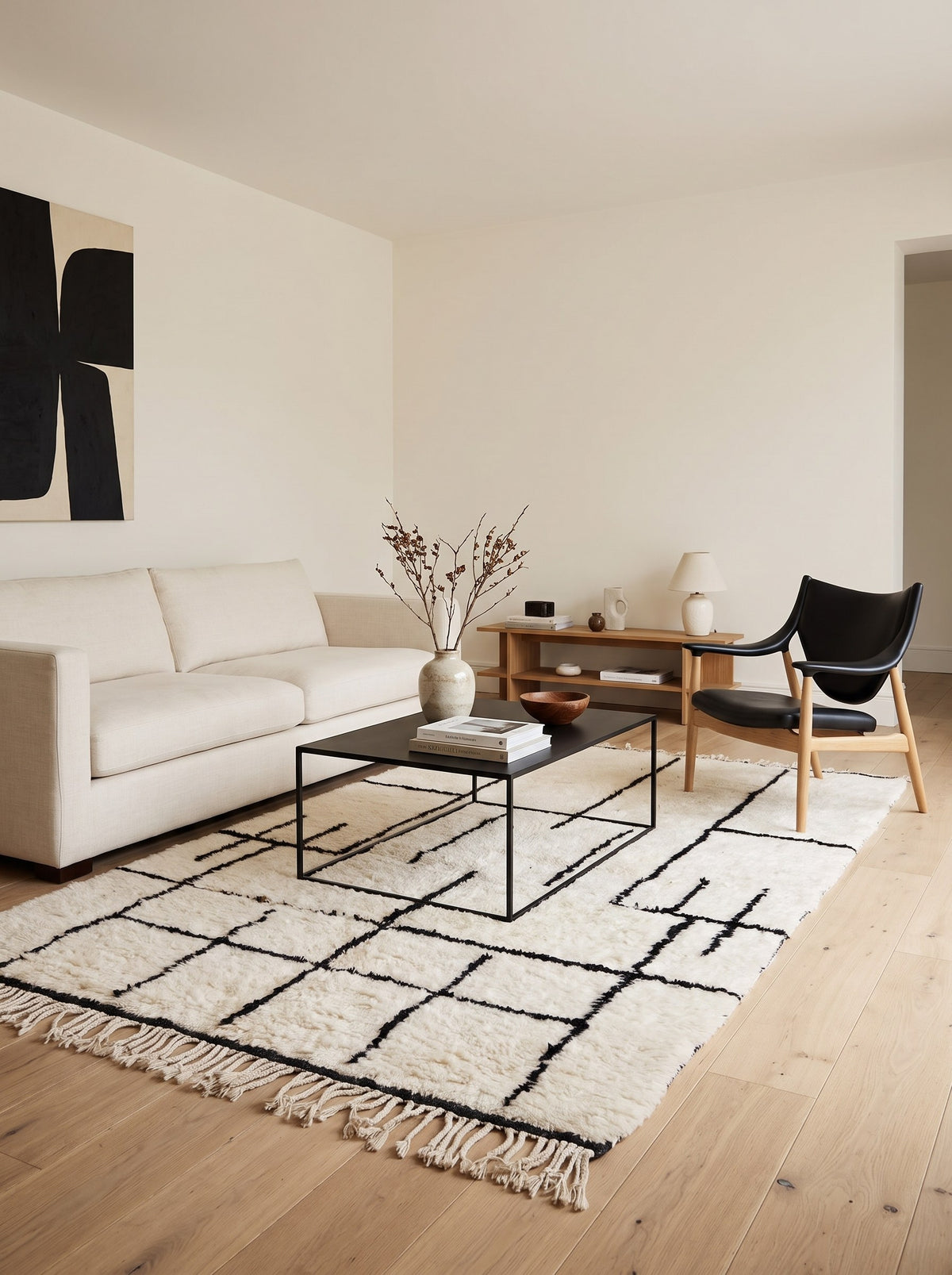 Tapis berbère style Beni Ouarain noir et blanc Ilzoun dans un autre salon, noué main au Maroc