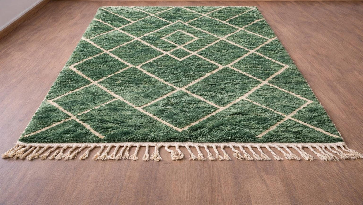 Tapis berbère style Beni Ouarain vert Lakhdar posé au sol vu de côté, noué main au Maroc