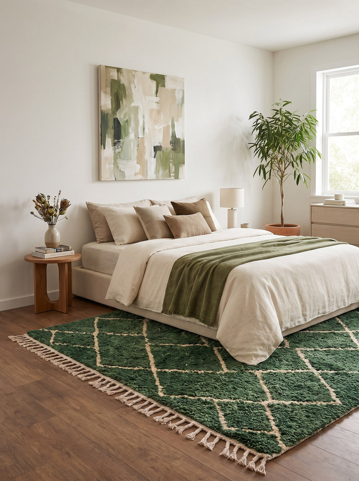 Tapis berbère style Beni Ouarain vert Lakhdar dans une chambre, noué main au Maroc