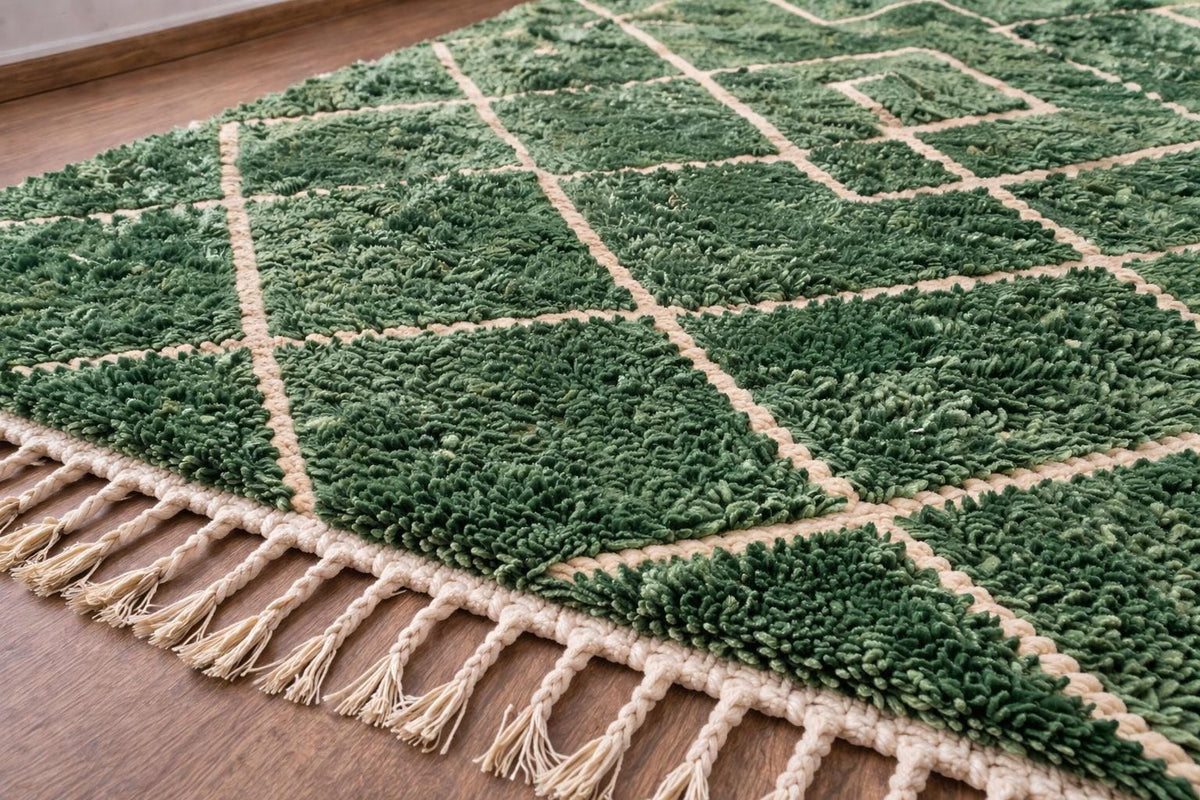 Gros plan sur les franges du tapis berbère Lakhdar, écrues nouées en bas seulement, nouées à la main