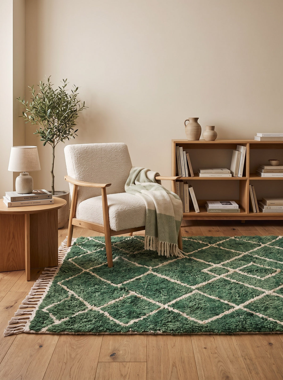 Tapis berbère style Beni Ouarain vert Lakhdar dans un coin lecture, noué main au Maroc