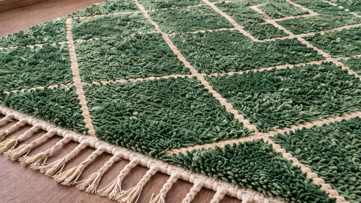 Gros plan sur la laine du tapis berbère Lakhdar, poil vert noué à la main