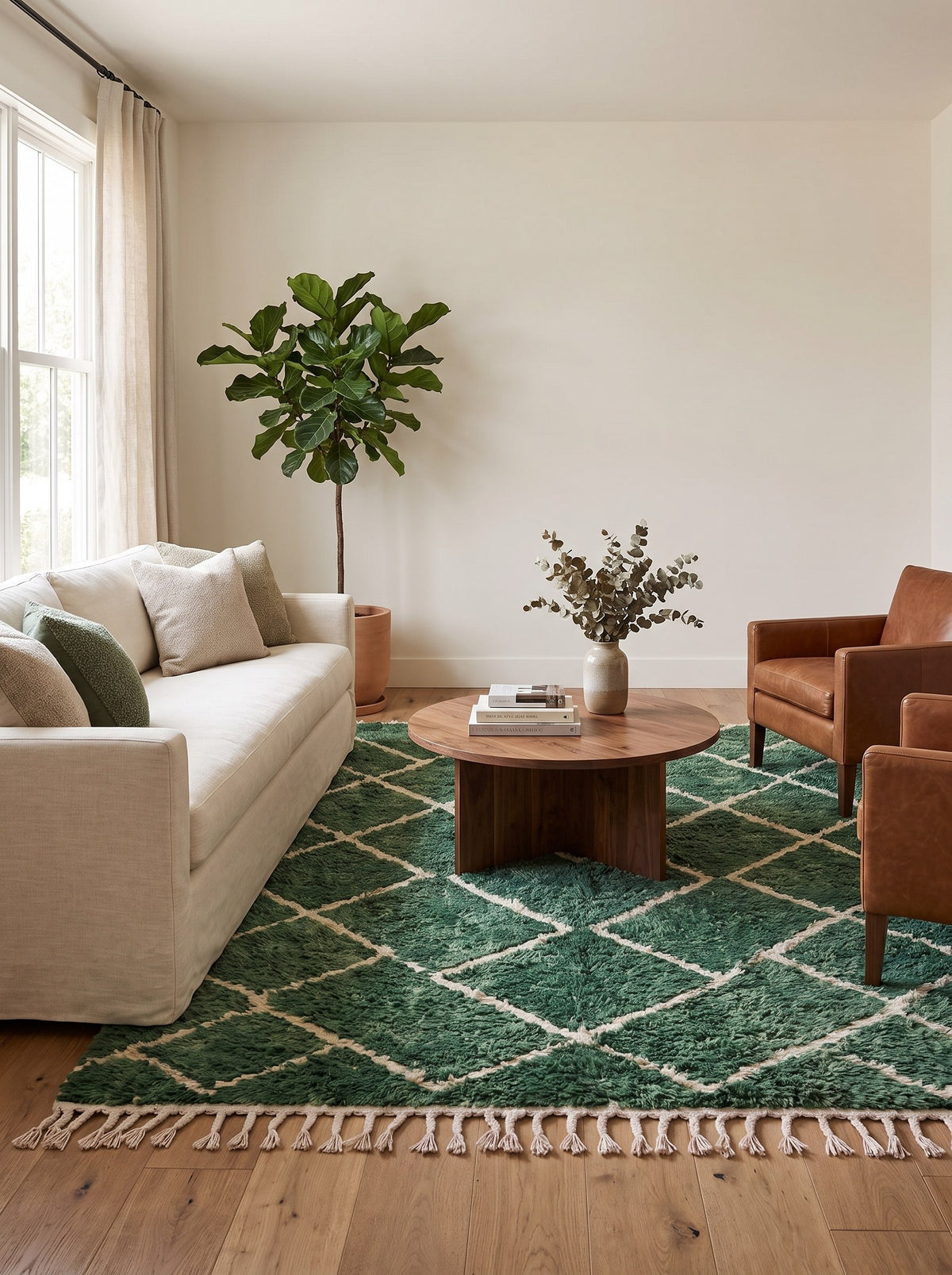 Tapis berbère style Beni Ouarain vert Lakhdar dans un autre salon, noué main au Maroc
