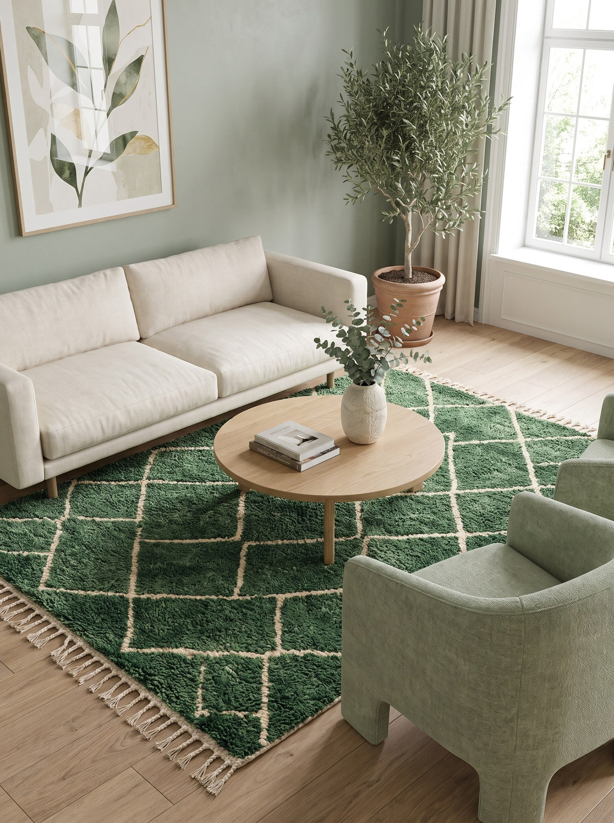 Tapis berbère style Beni Ouarain vert Lakhdar dans un salon, noué main au Maroc