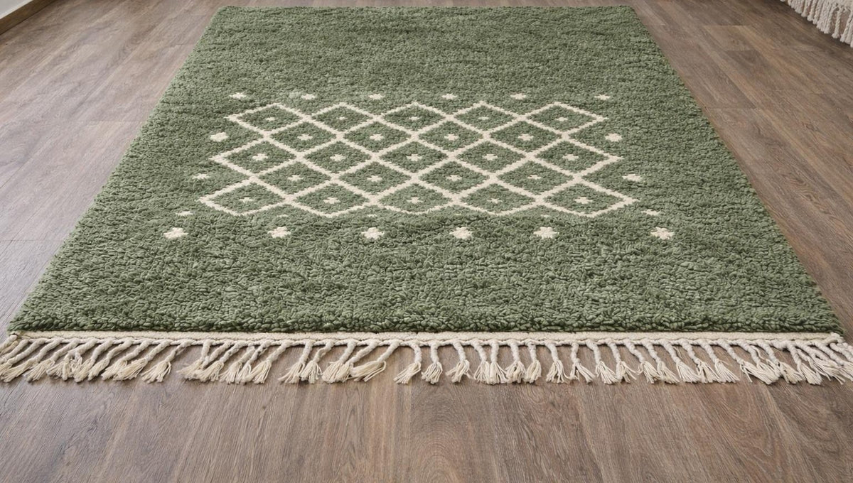 Tapis berbère style Beni Ouarain vert sauge Tizerwa posé au sol vu de côté, noué main au Maroc