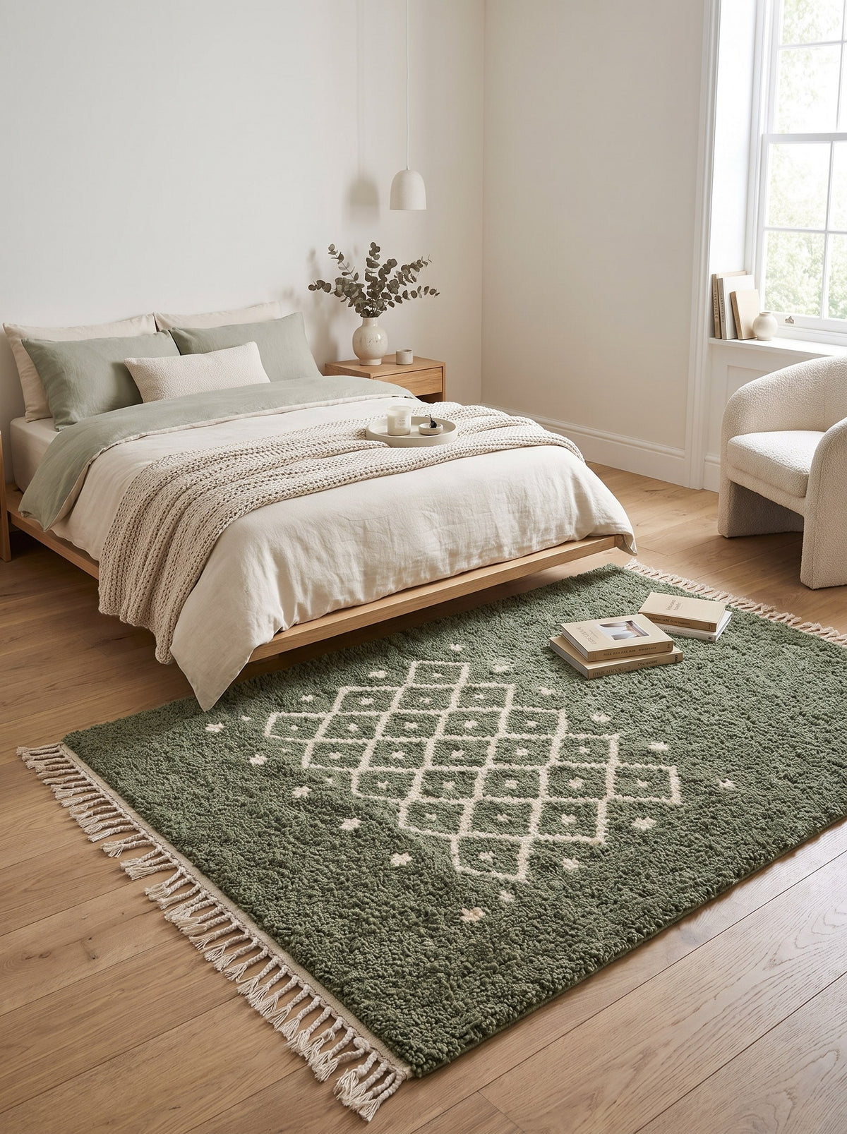 Tapis berbère style Beni Ouarain vert sauge Tizerwa dans une chambre, noué main au Maroc