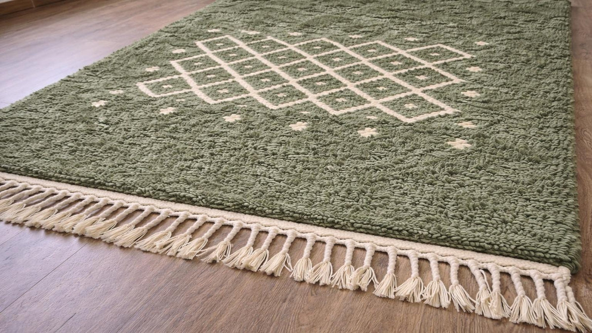 Gros plan sur la laine du tapis berbère Tizerwa, poil vert sauge noué à la main
