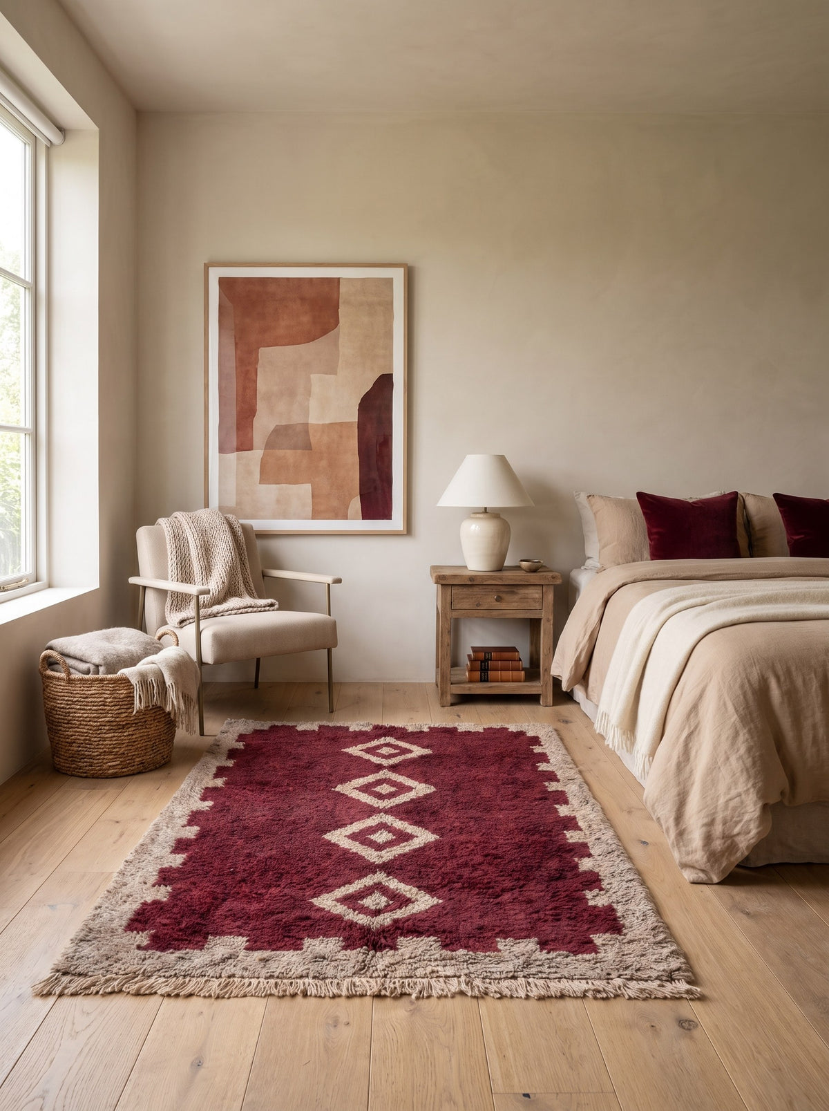 Tapis berbère style Boujad bordeaux et beige Tigejdit dans une chambre, noué main au Maroc