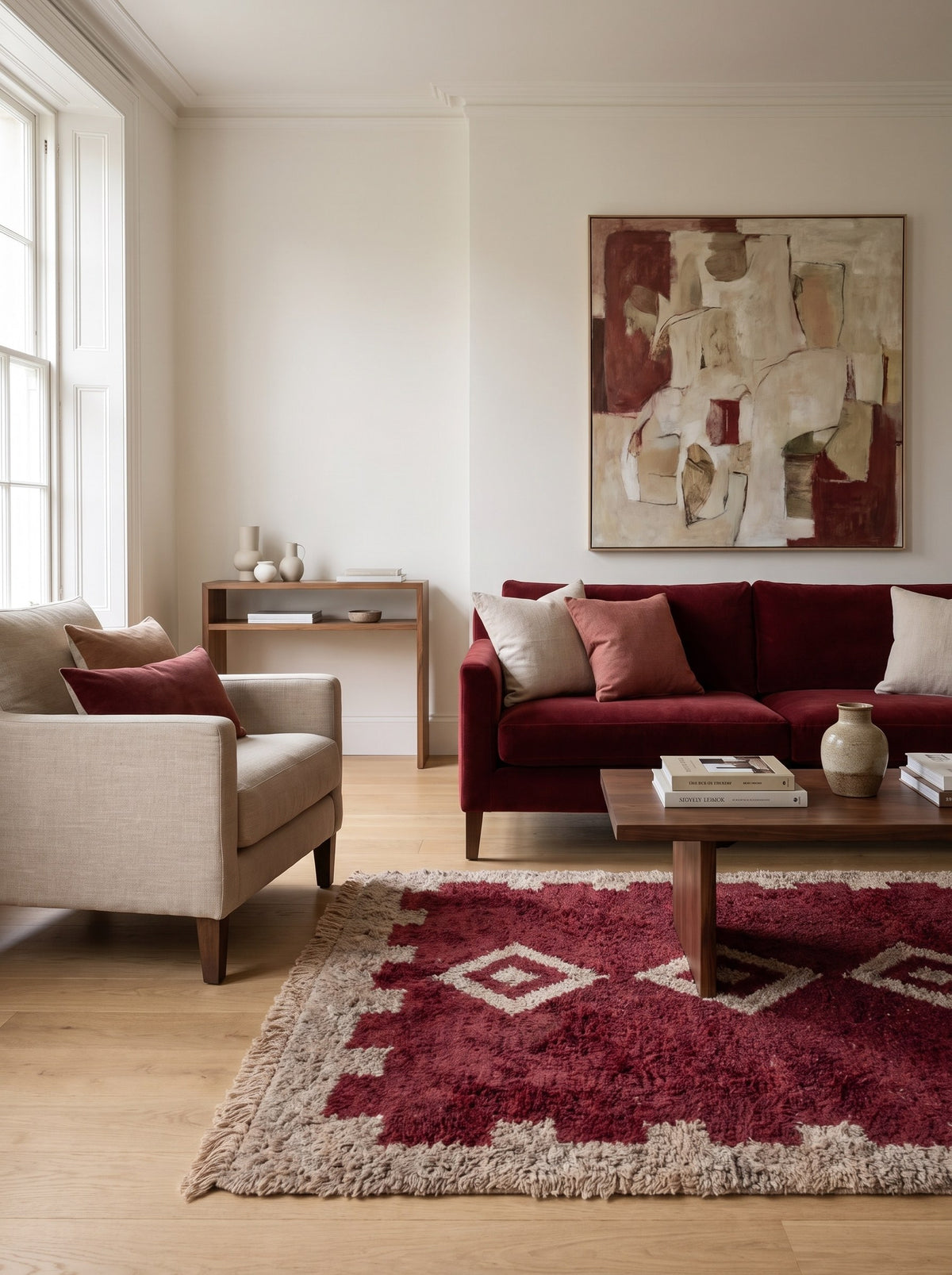 Tapis berbère style Boujad bordeaux et beige Tigejdit dans un autre salon, noué main au Maroc