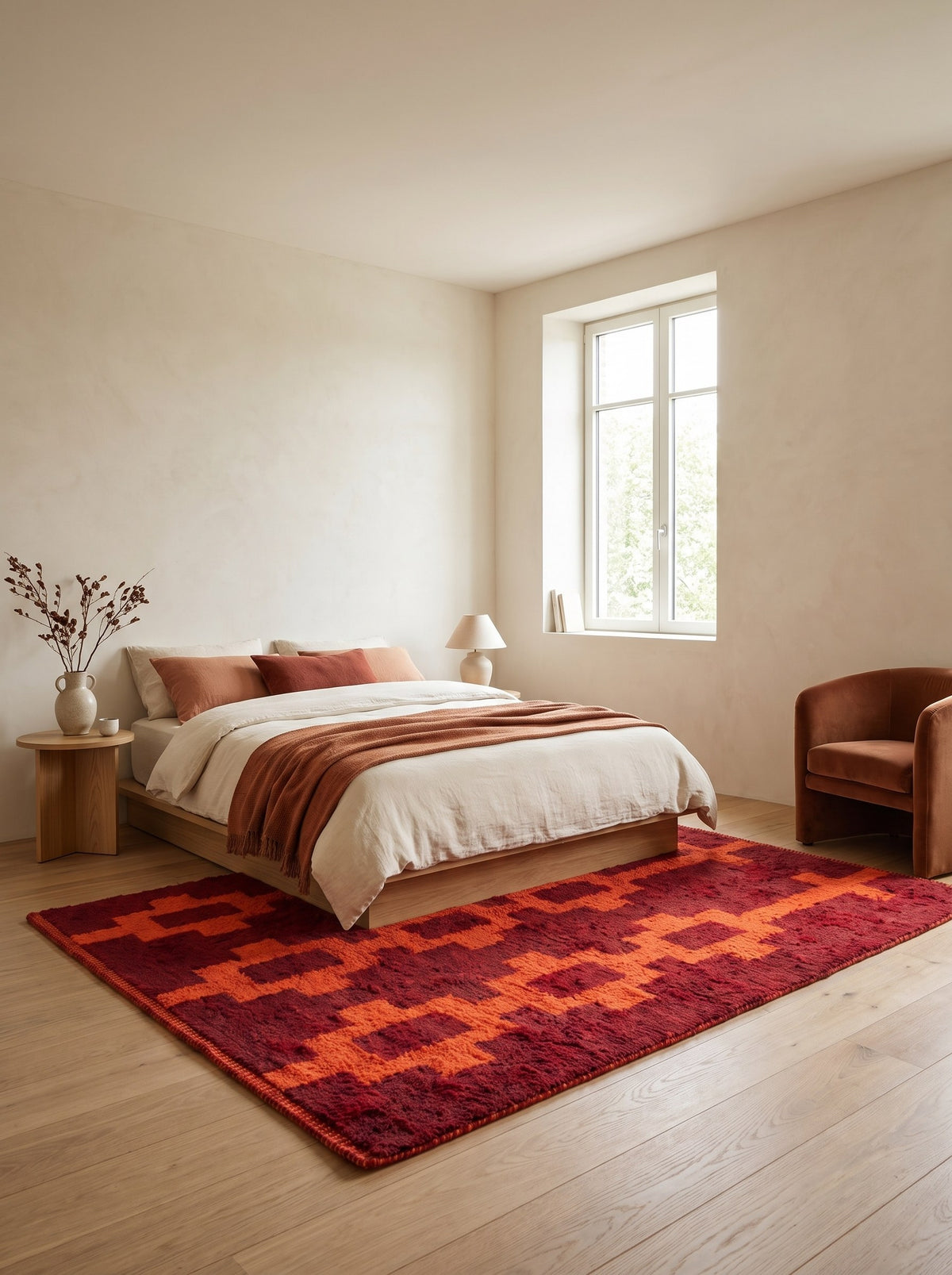 Tapis berbère style Boujad bordeaux et orange Izem dans une chambre, noué main au Maroc