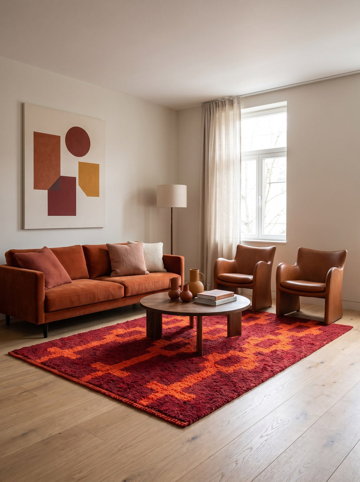 Tapis berbère style Boujad bordeaux et orange Izem dans un autre salon, noué main au Maroc