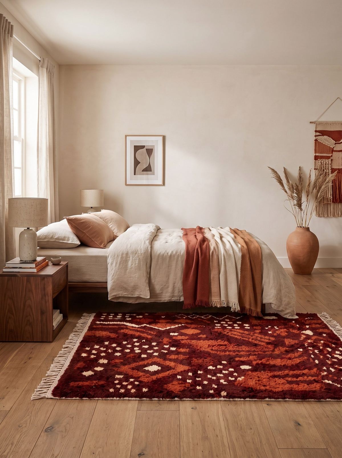 Tapis berbère style Boujad bordeaux Imzad dans une chambre, noué main au Maroc