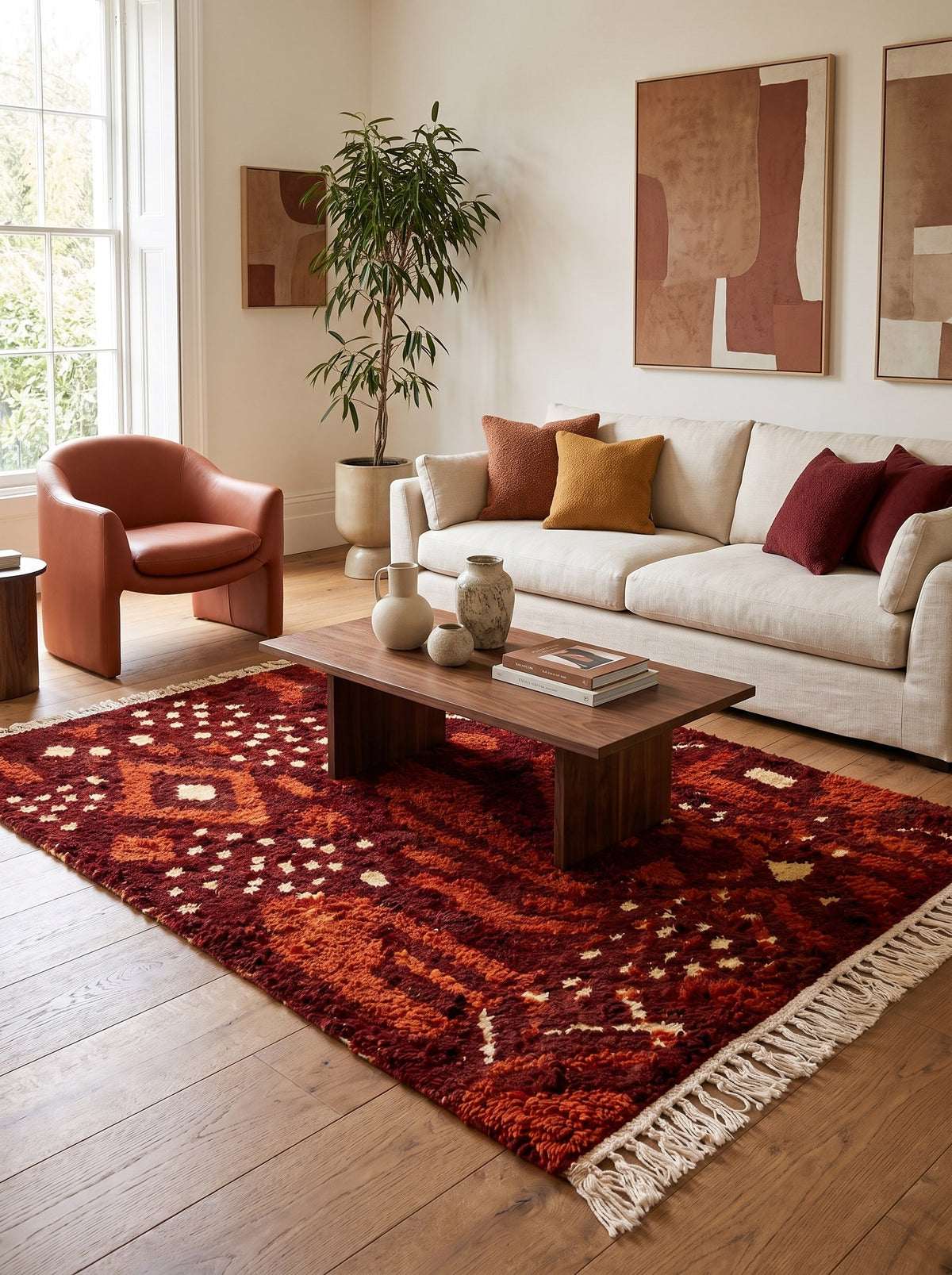 Tapis berbère style Boujad bordeaux Imzad dans un autre salon, noué main au Maroc