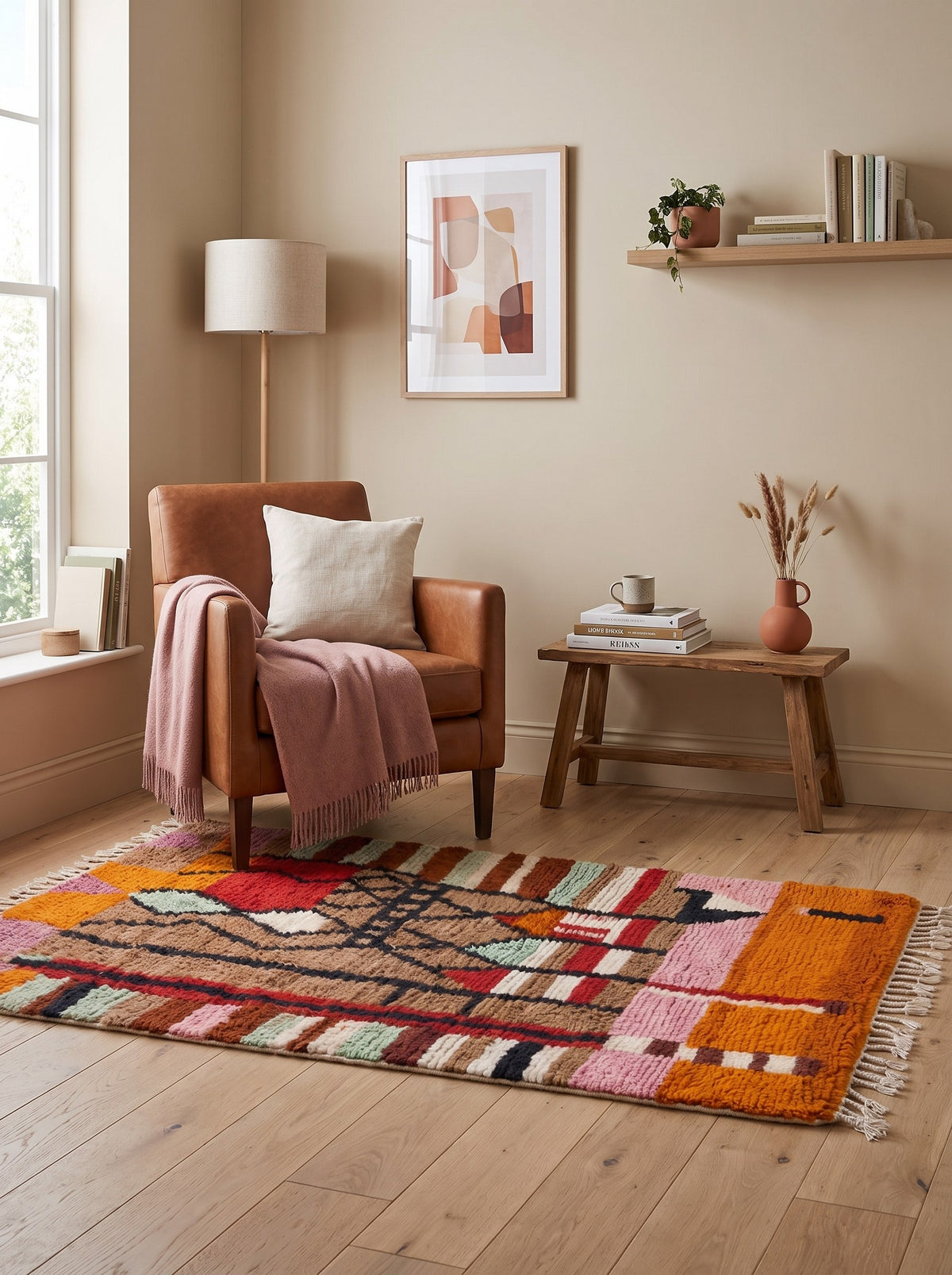 Multicoloured Tifuraz Berber rug, Boujad style, in a reading nook, hand-knotted in Morocco