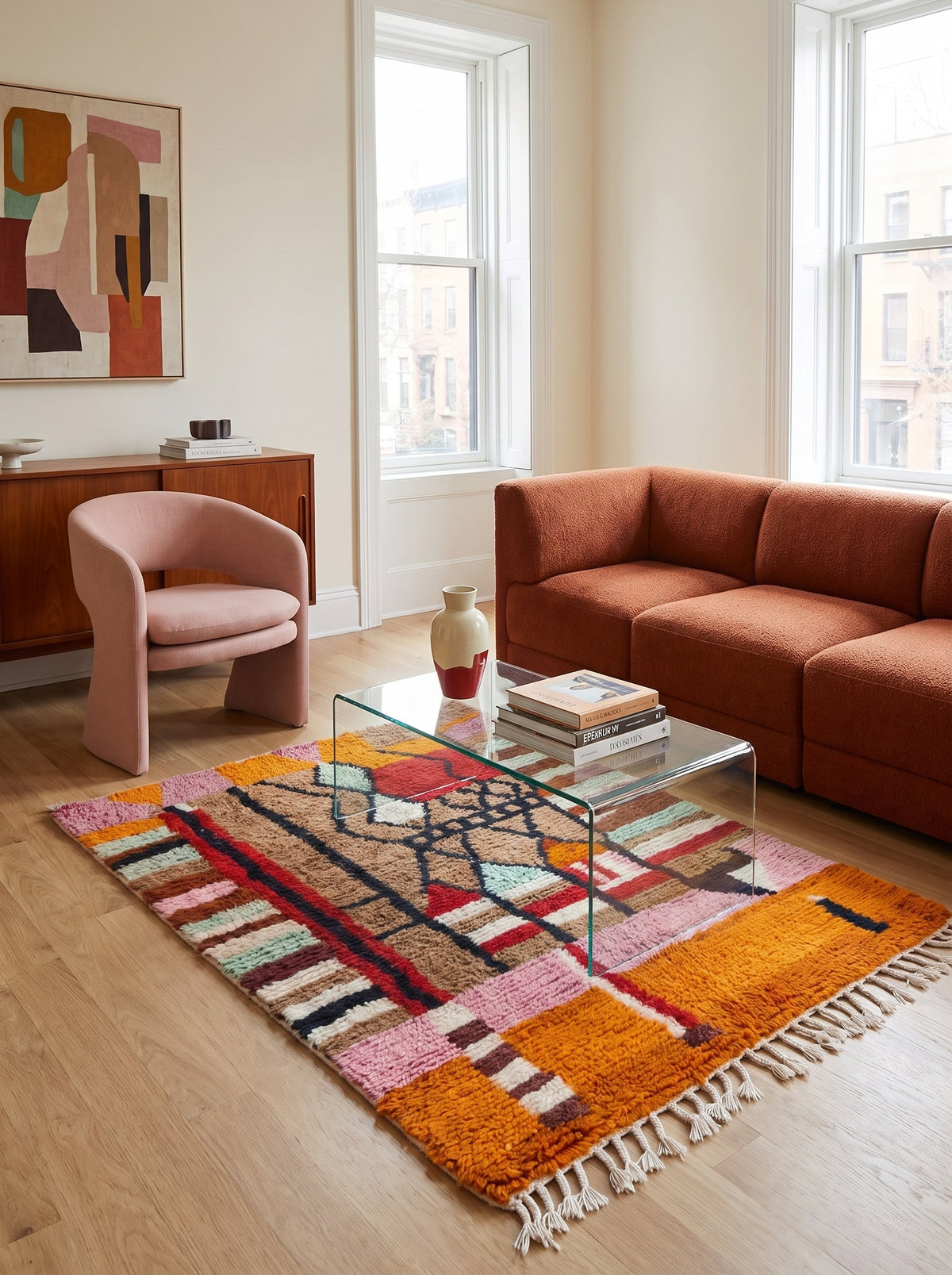Multicoloured Tifuraz Berber rug, Boujad style, in a living room, hand-knotted in Morocco