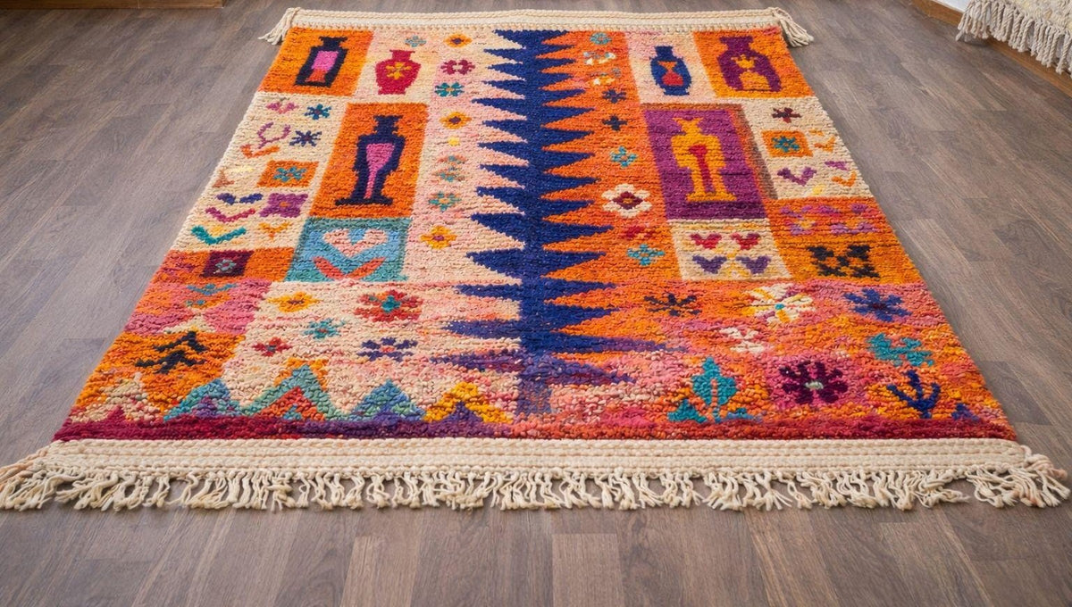 Tapis berbère style Boujad orange et bleu Tafilalt posé au sol vu de côté, noué main au Maroc
