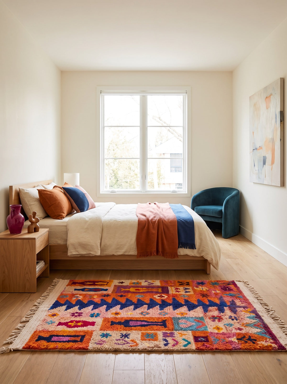 Tapis berbère style Boujad orange et bleu Tafilalt dans une chambre, noué main au Maroc
