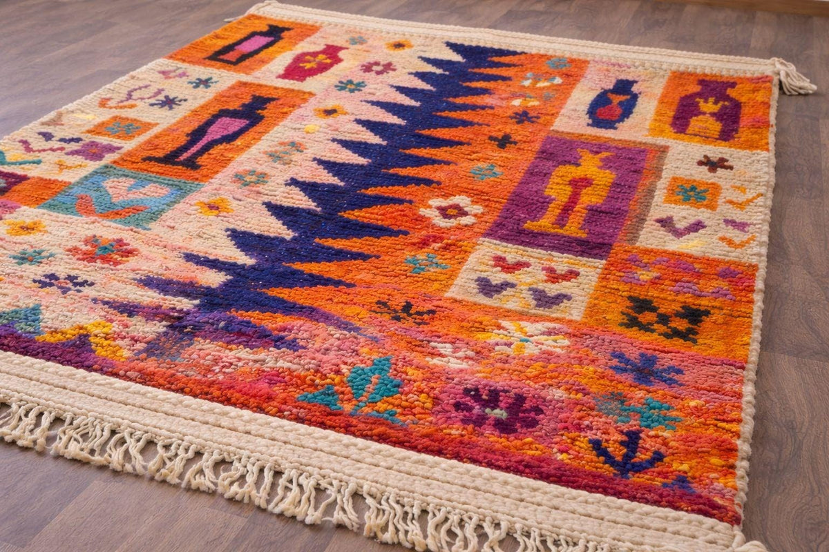 Gros plan sur un détail du tapis berbère Tafilalt, poil moyen et motif orange et bleu vus de près