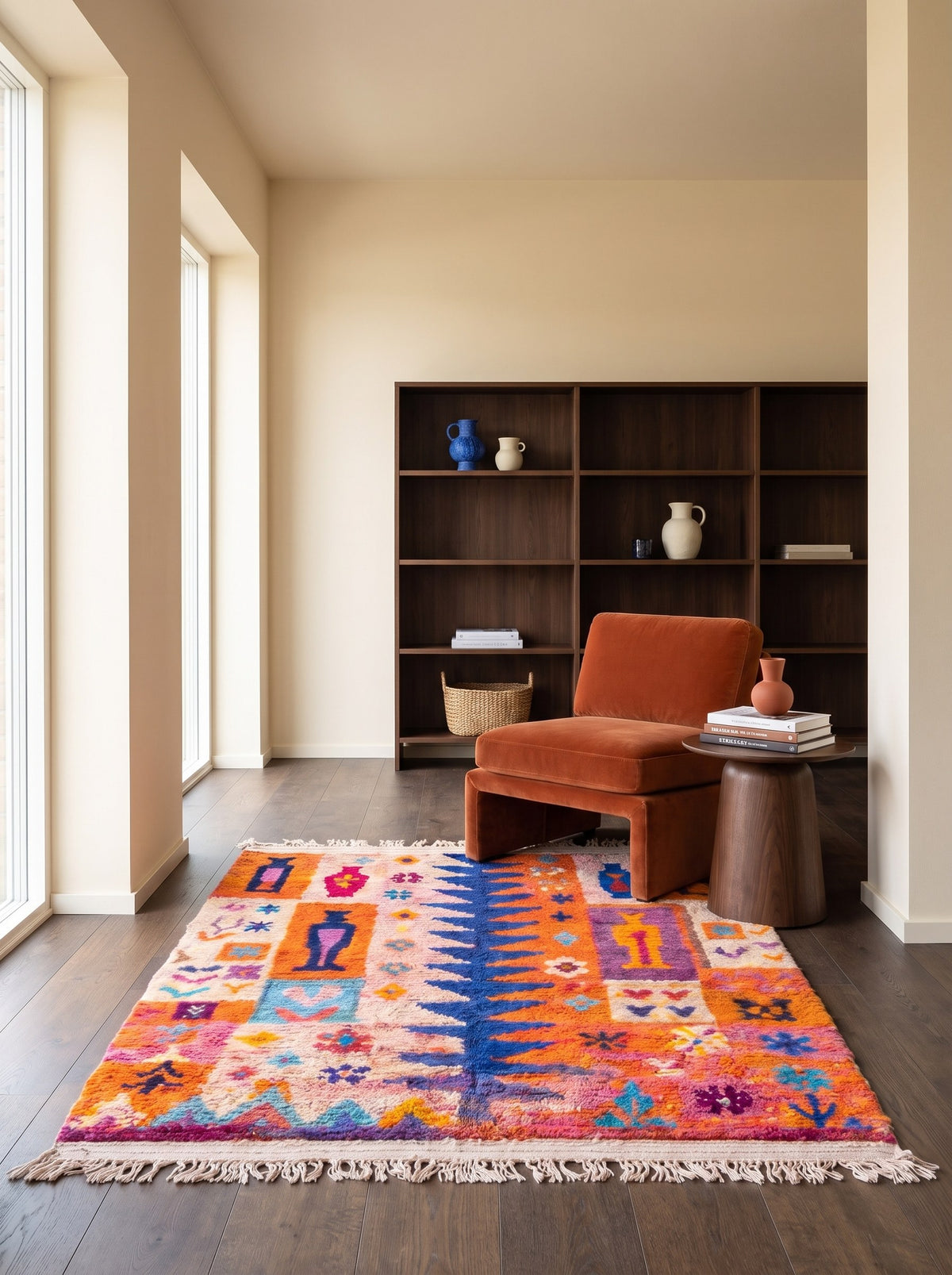 Tapis berbère style Boujad orange et bleu Tafilalt dans un coin lecture, noué main au Maroc