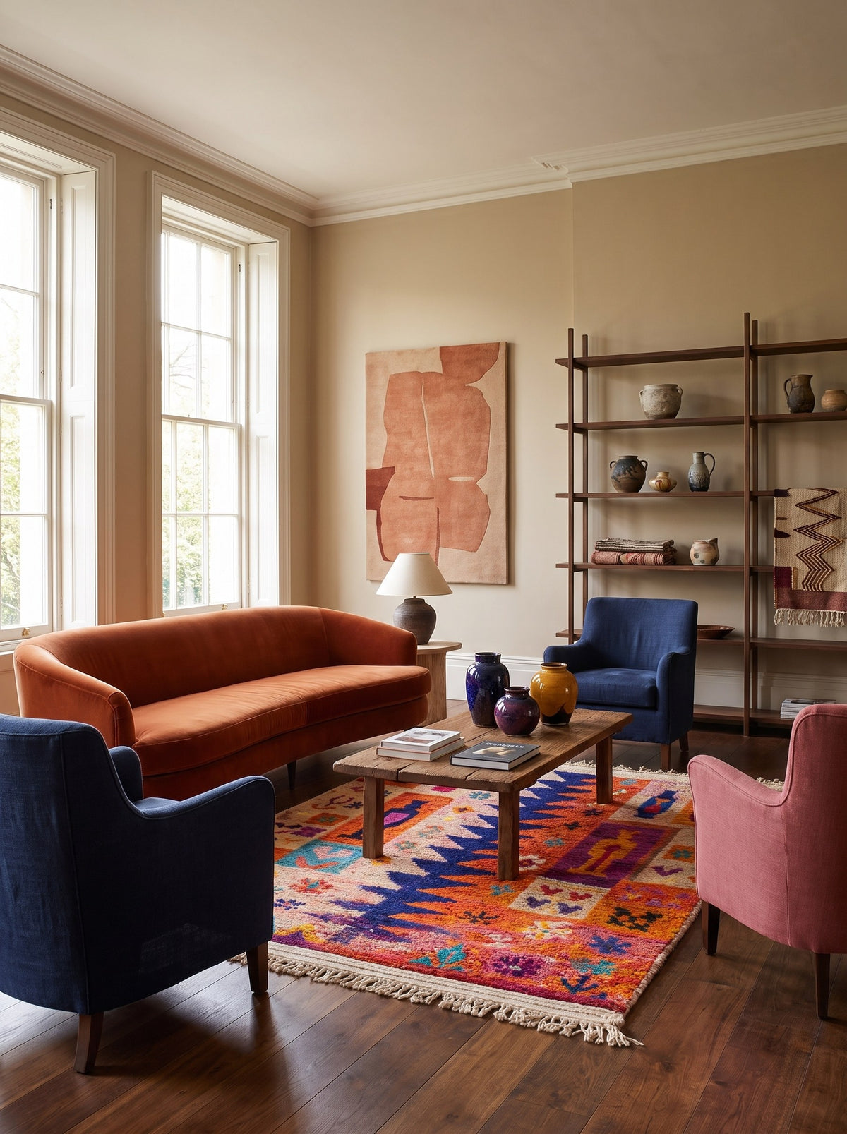 Tapis berbère style Boujad orange et bleu Tafilalt dans un autre salon, noué main au Maroc