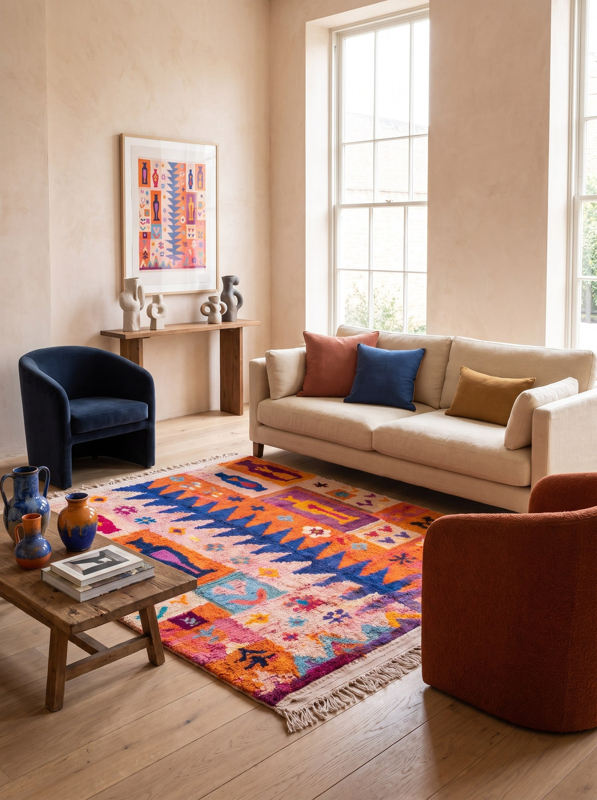 Tapis berbère style Boujad orange et bleu Tafilalt dans un salon, noué main au Maroc