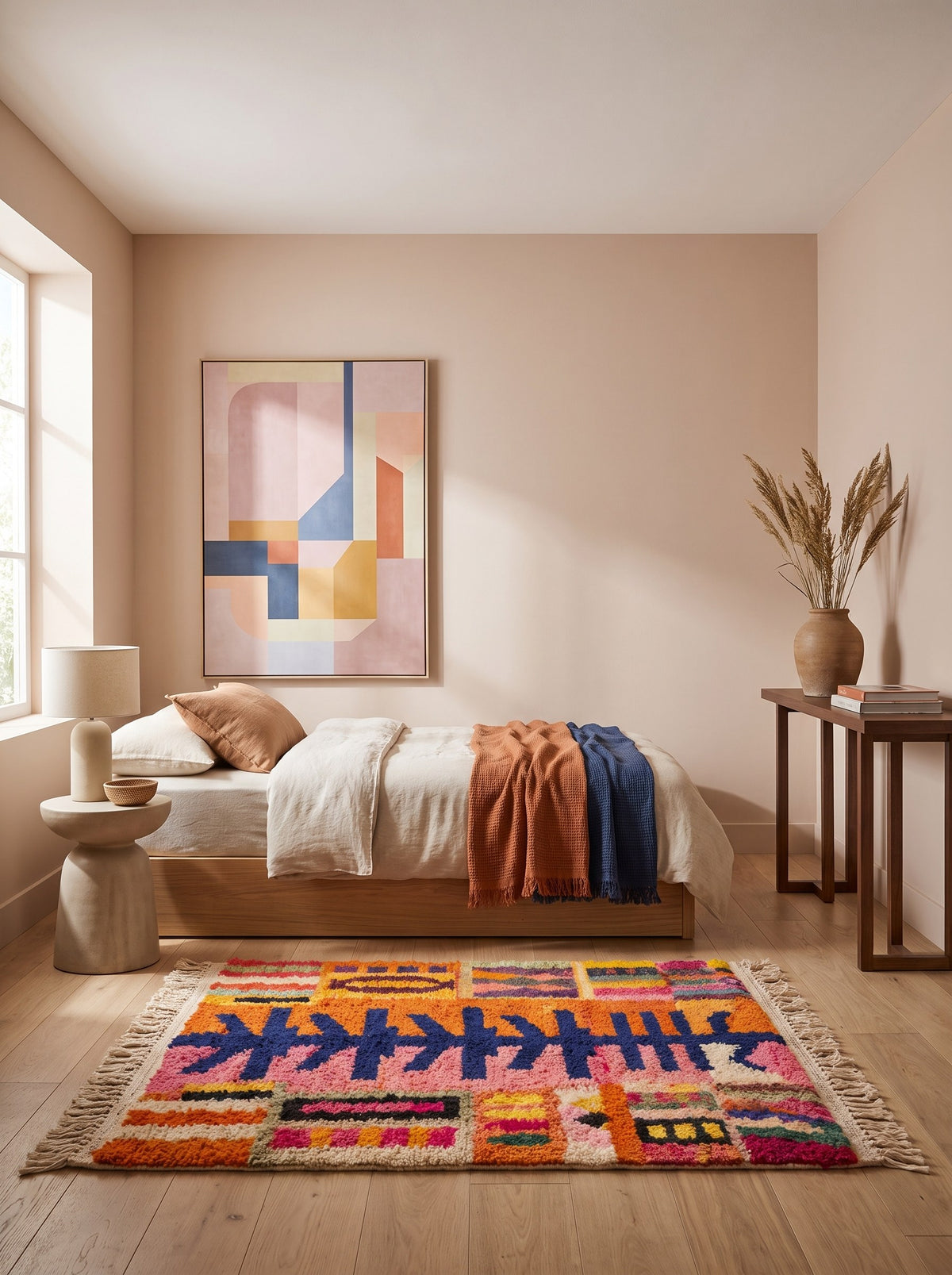 Tapis berbère style Boujad orange et rose Tazdayt dans une chambre, noué main au Maroc