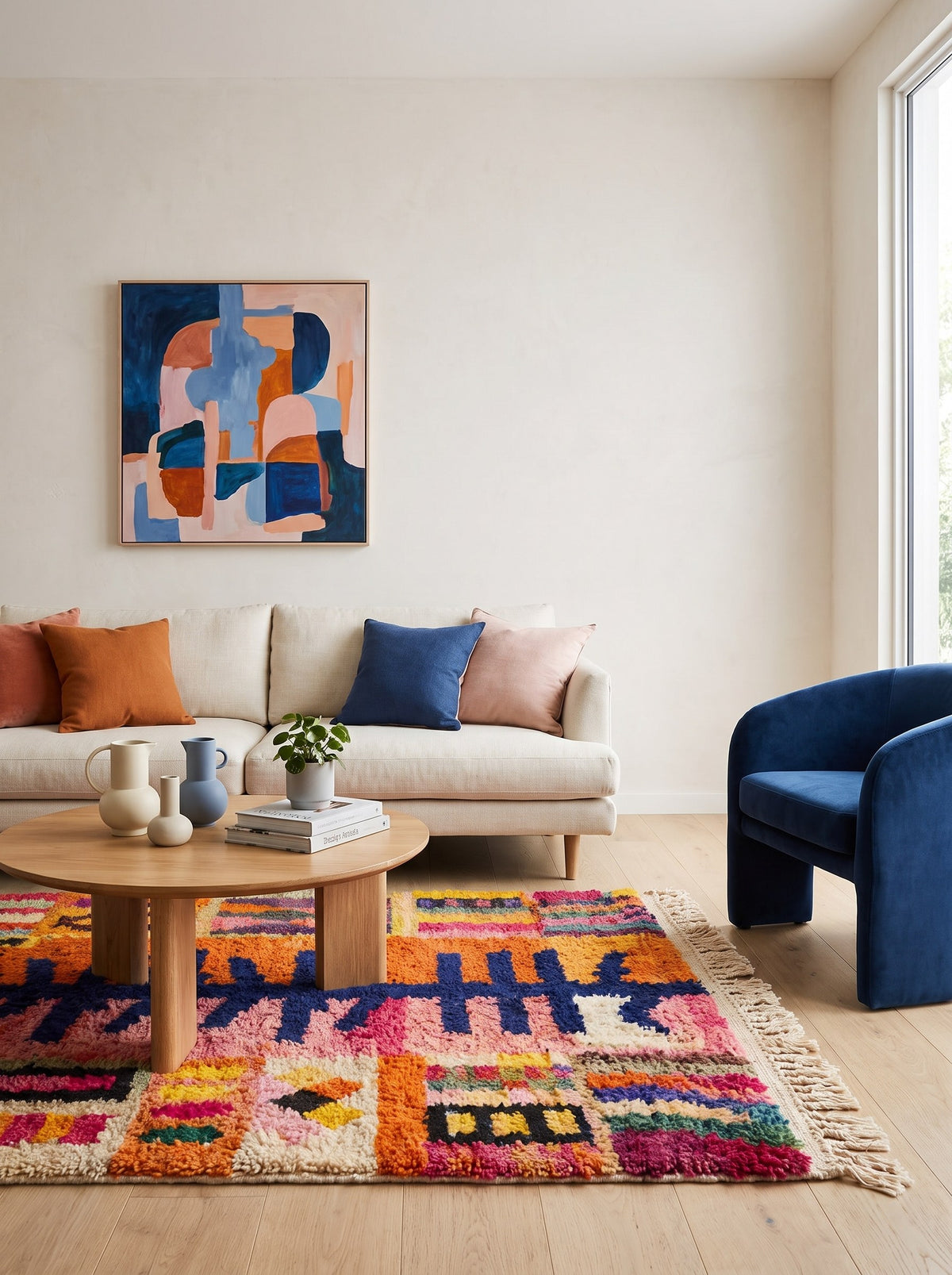 Tapis berbère style Boujad orange et rose Tazdayt dans un autre salon, noué main au Maroc