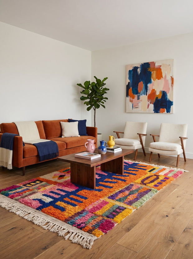 Tapis berbère style Boujad orange et rose - Tazdayt