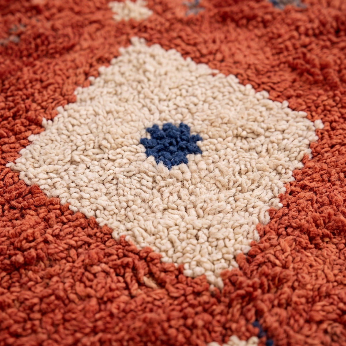 Gros plan sur un motif du tapis berbère Boukra, fond rouge brique à poil long