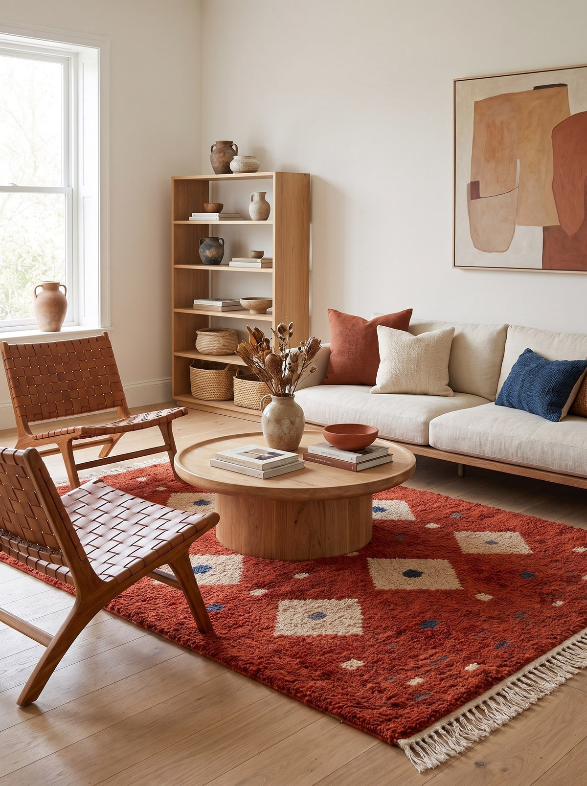 Tapis berbère style Boujad terracotta Boukra dans un autre salon, noué main au Maroc