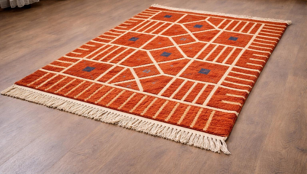 Tiznit Berber rug, Boujad style, in terracotta, on the floor, seen from the side, hand-knotted in Morocco