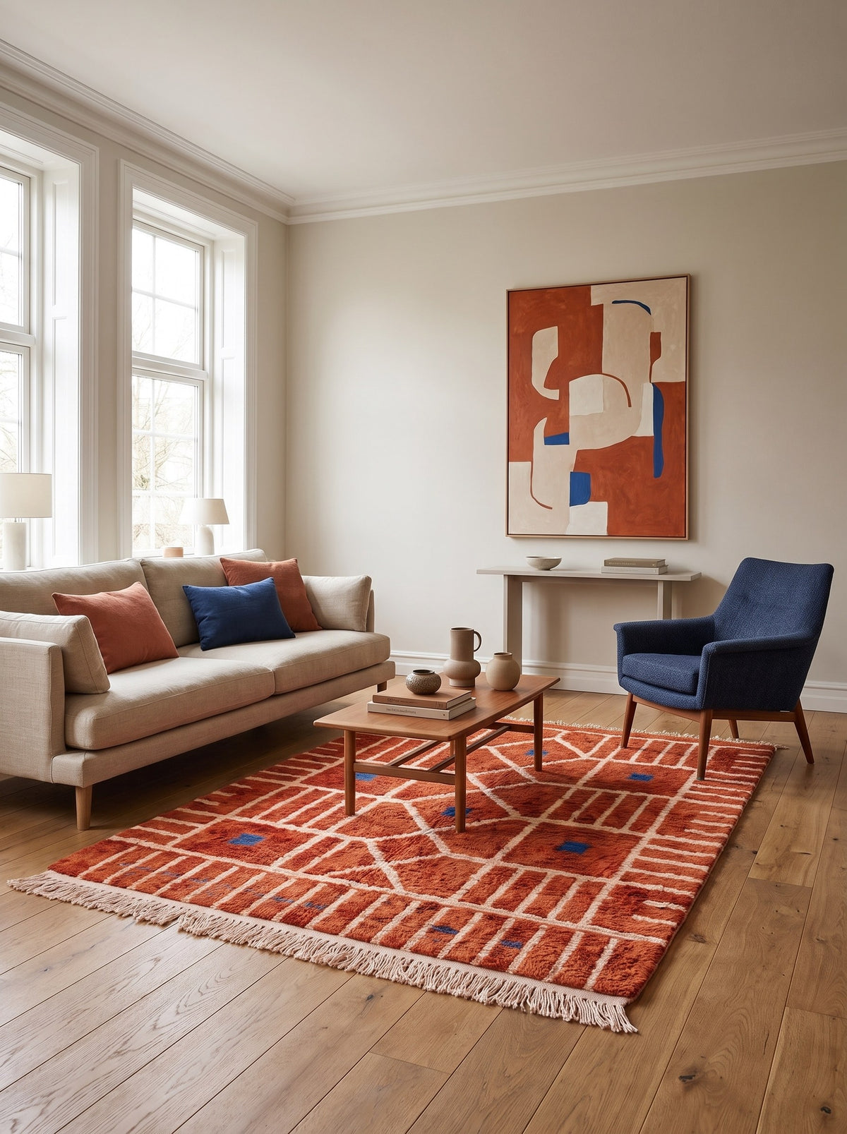Tiznit Berber rug, Boujad style, in terracotta, in another living room, hand-knotted in Morocco