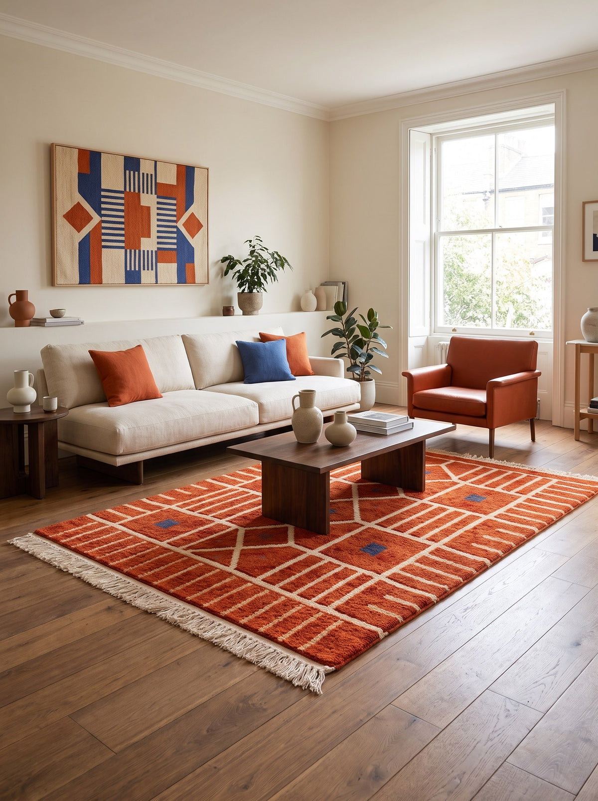 Tiznit Berber rug, Boujad style, in terracotta, in a living room, hand-knotted in Morocco