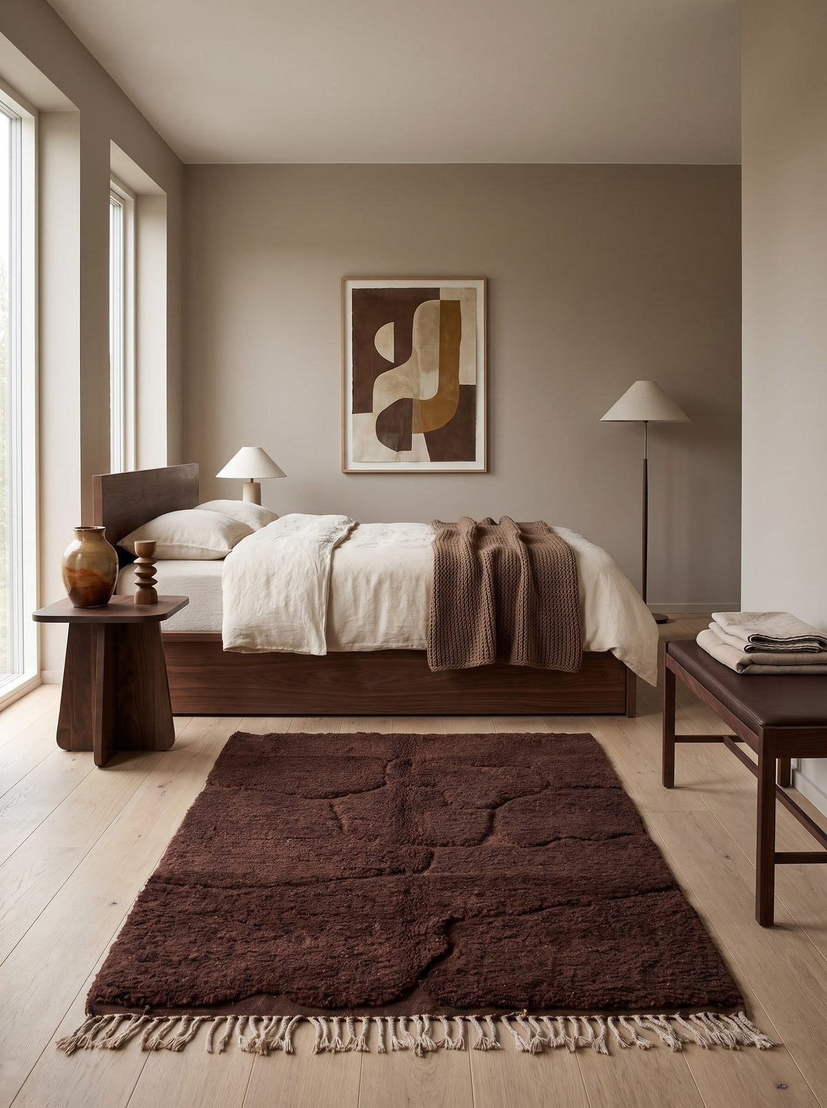 Tapis berbère style Mrirt marron chocolat Boulemane dans une chambre, noué main au Maroc