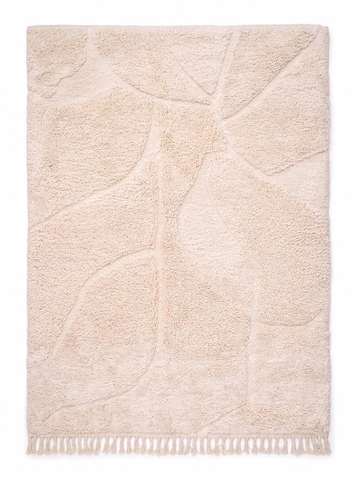 Tapis berbère uni blanc Ifrane vu à plat, laine crème épaisse sans couleur ajoutée, franges crème tressées en bas seulement