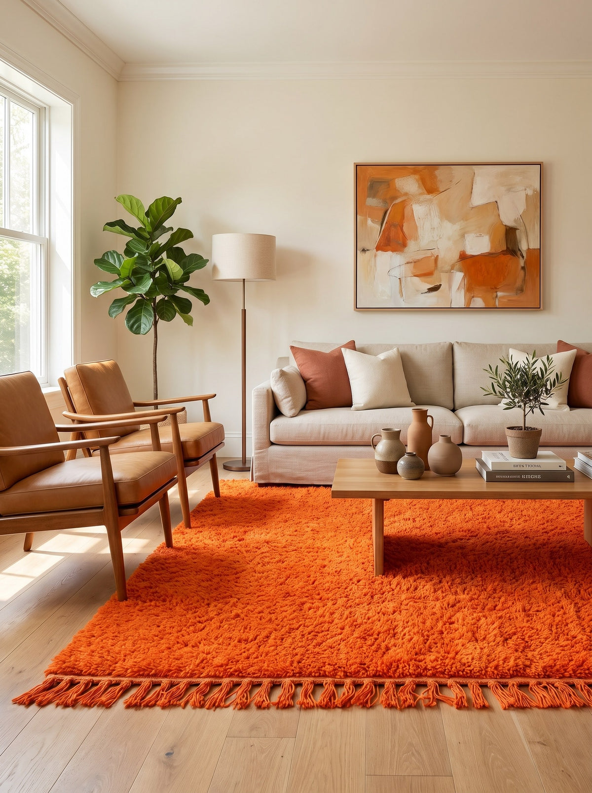 Merzouga plain orange Berber rug in another living room, hand-knotted in Morocco