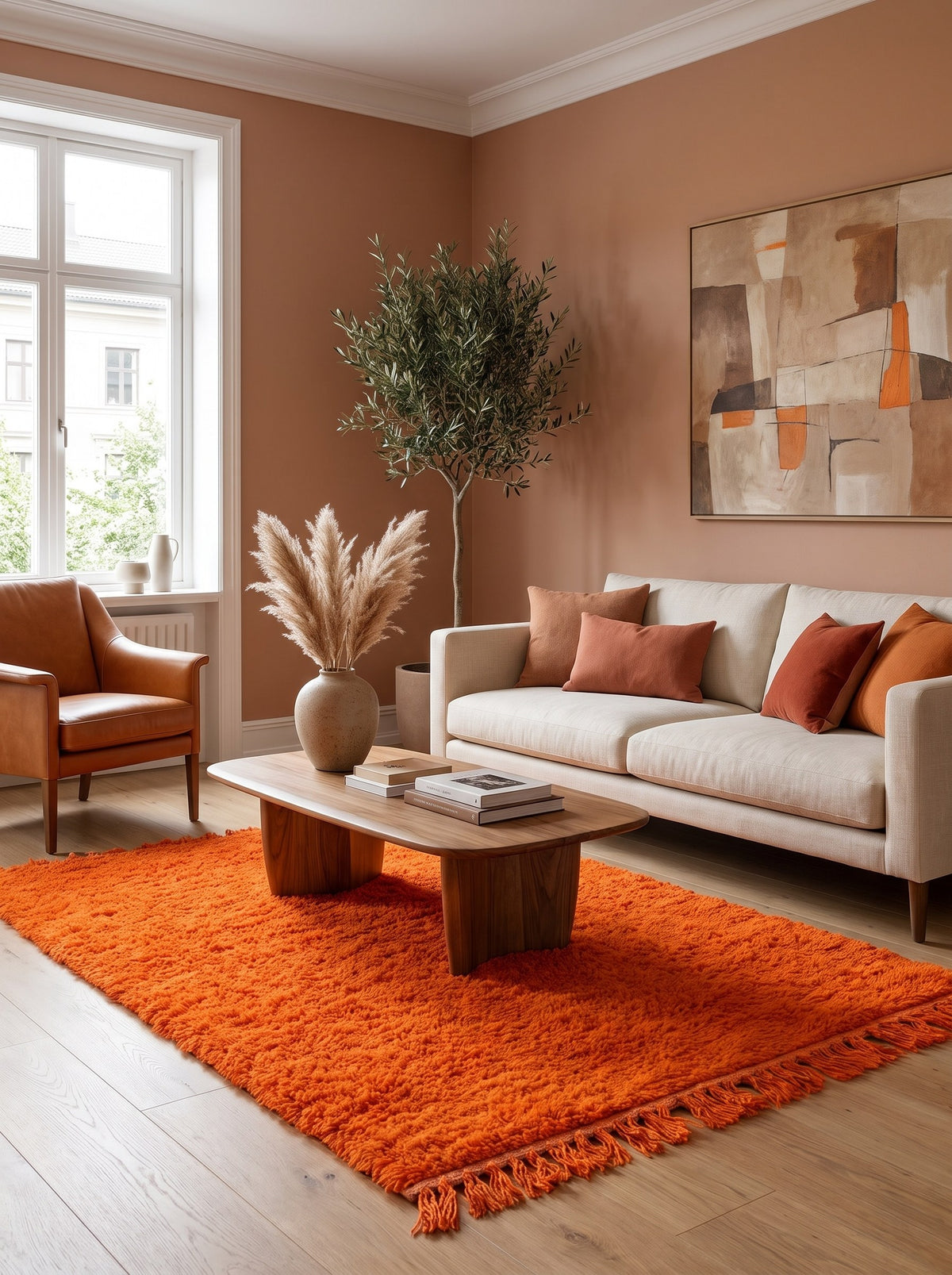 Merzouga plain orange Berber rug in a living room, hand-knotted in Morocco