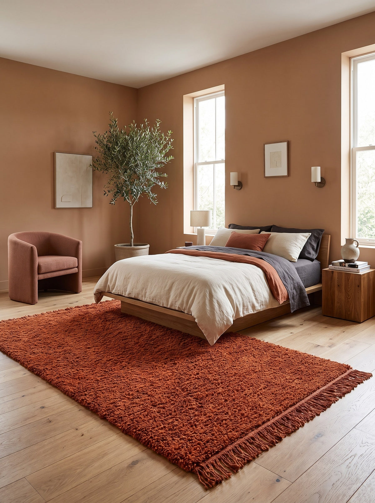 Hagounia plain terracotta Berber rug in a bedroom, hand-knotted in Morocco