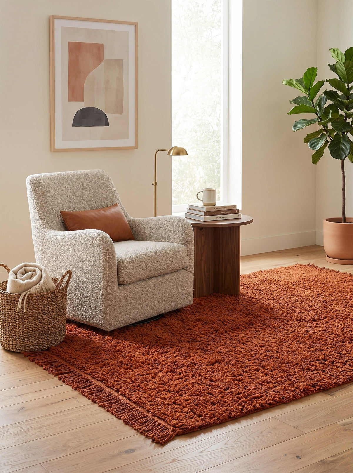 Hagounia plain terracotta Berber rug in a reading nook, hand-knotted in Morocco