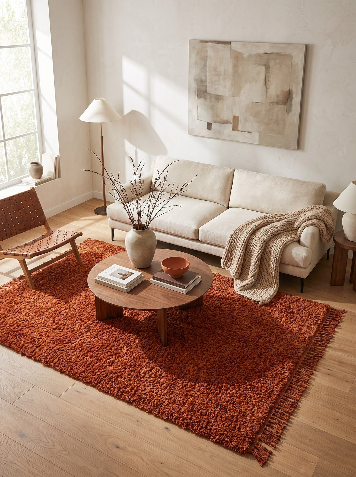 Hagounia plain terracotta Berber rug in another living room, hand-knotted in Morocco
